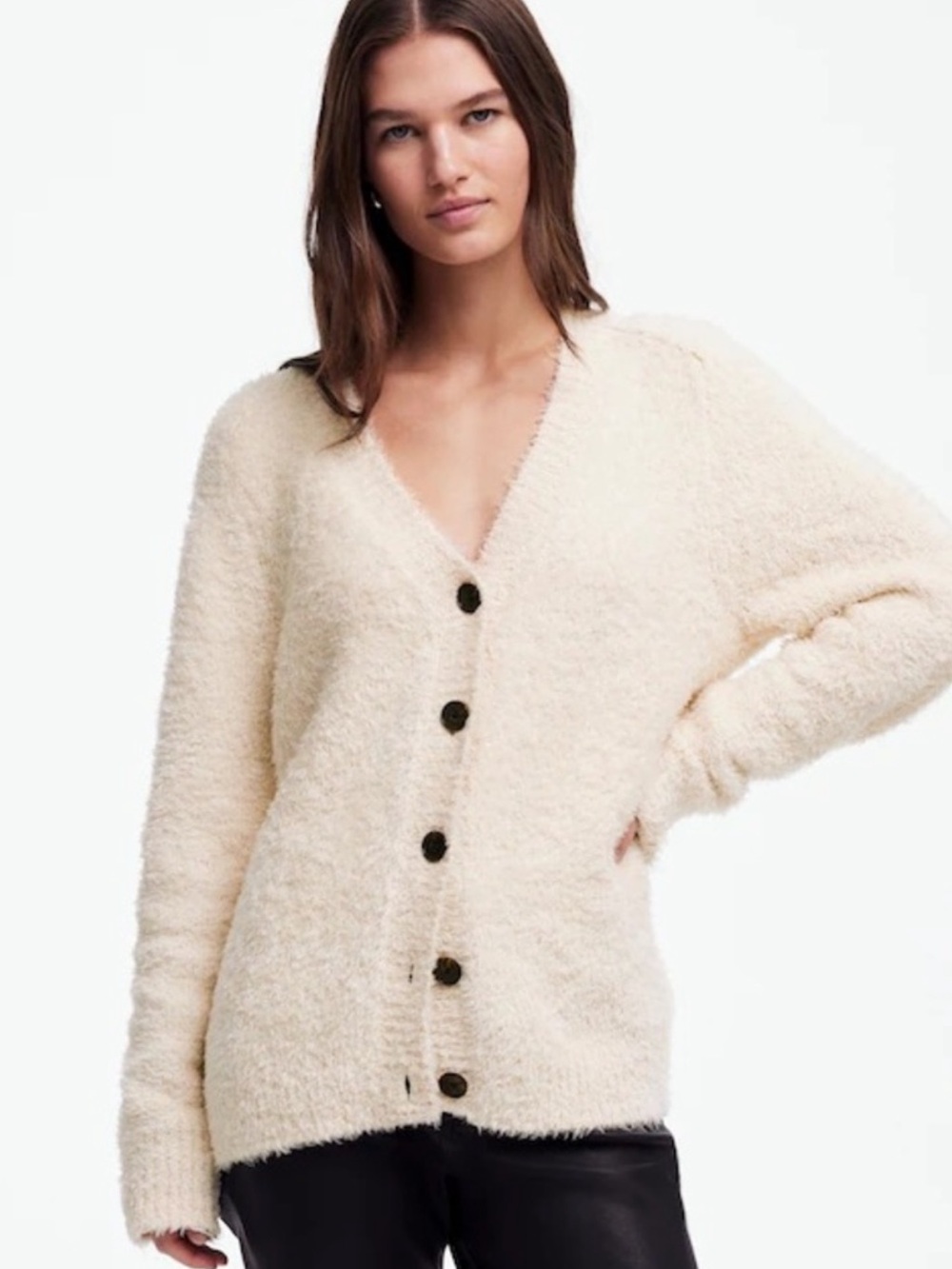 Madewell Cream V-Neck Button Front Fuzzy Cardigan